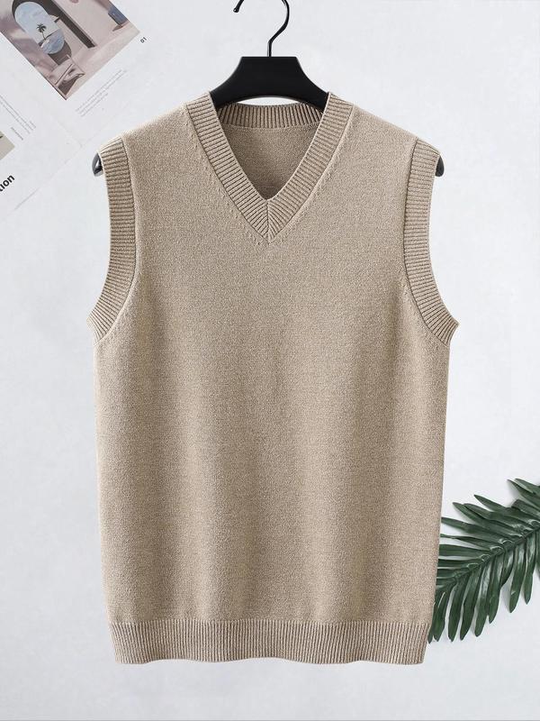 Men's Solid V Neck Sweater Vest Without Shirt, Casual Loose Sleeveless Knitwear Top for Fall & Winter, Fashion Men's Knit Clothing for Daily Wear