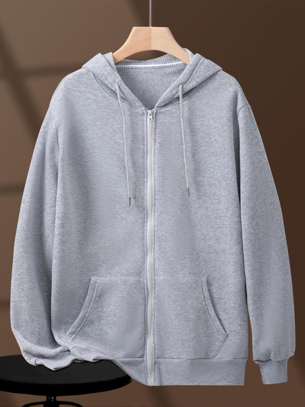 Essentials Hoodie Loose Solid Drop Shoulder Long Sleeve Zip Up Essentials Hoodie, Plain Drawstring Pocket Hooded Sweatshirt for Daily Holiday Outdoor Wear, Men Sweatsuits for Spring & Fall, Men's Clothing, Menswear, Fall Outfits, Fallfreshness