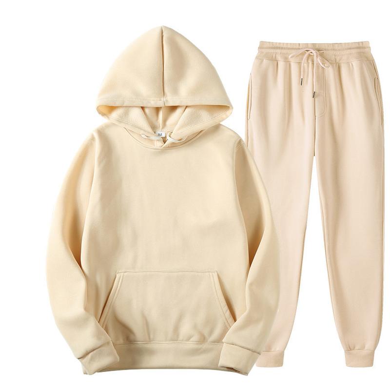 New Men's Hooded Solid Color Pullover Sweatshirt Suit Casual Sports Hoodie Sweater Trousers Two-Piece Set