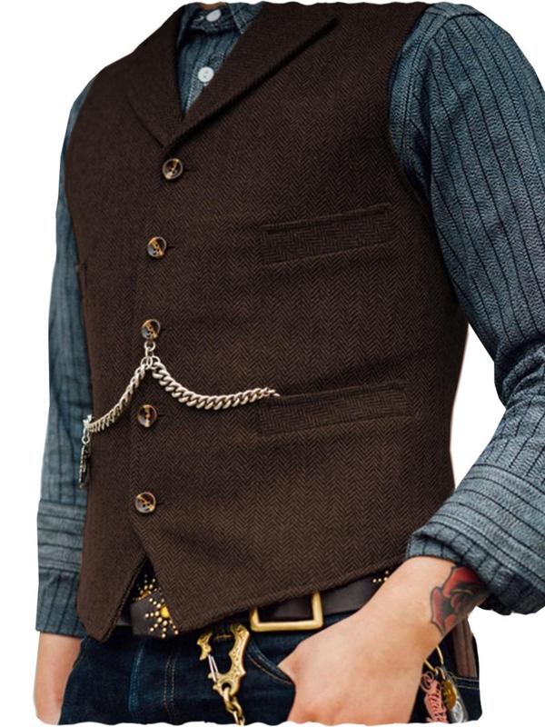 Men's Solid Button Front Lapel Vest, Slim Business Formal Suit Vest for Work Office, Men's Clothing for Spring & Fall