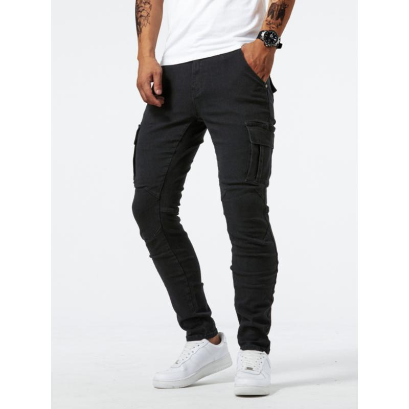 Men's Slim Fit Cargo Jeans with Multi Pockets, High Stretch Denim Pants for Spring Summer Menswear Trouser