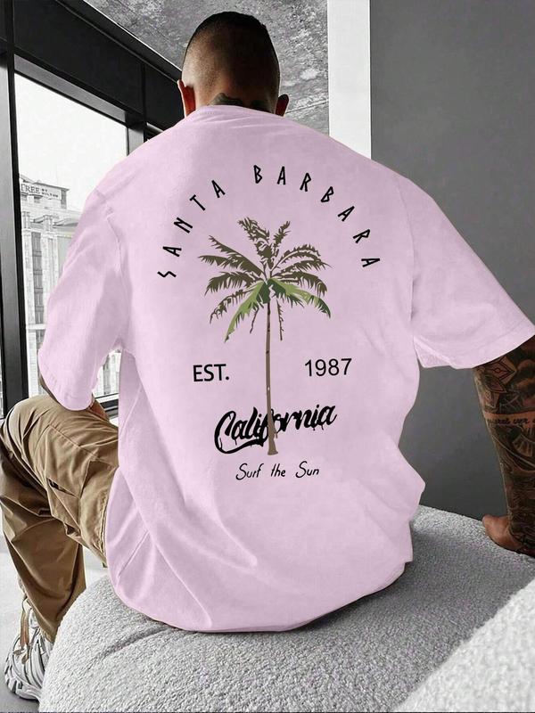 Men's Summer Clothes, Letter & Tree Print Drop Shoulder Tee, Summer Outfits 2024, Summer Tops, Back To School Outfits, Graphic Tees for Men, Regular Fit Streetwear Fashion Graphic Crew Neck T-shirt, 90s Clothes