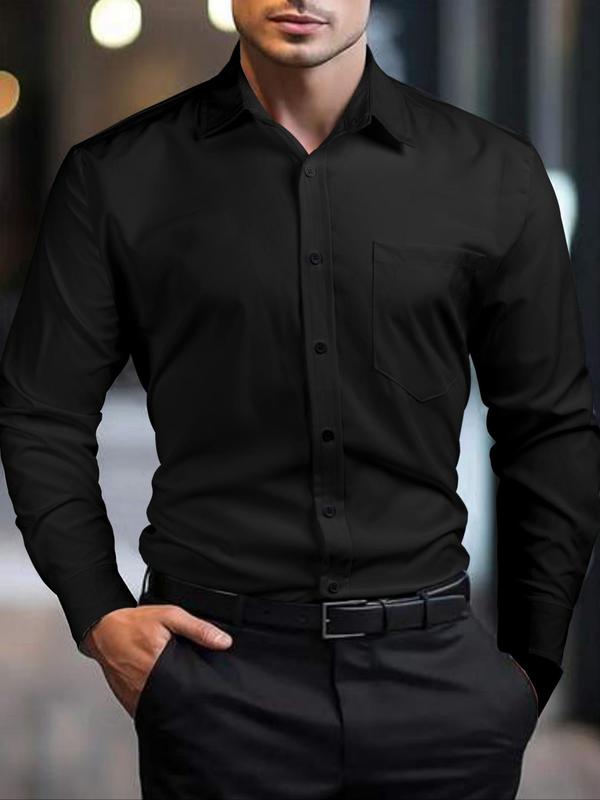 Men's Solid Long Sleeve Button Front Shirt, Slim Casual Pocket Collared Shirt for Work Office Business, Men's Top for All Seasons