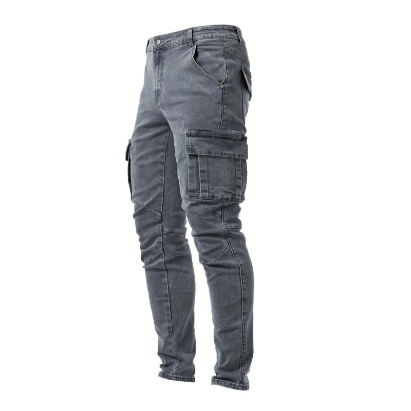 Men's Slim Fit Cargo Jeans with Multi Pockets, High Stretch Denim Pants for Spring Summer Menswear Trouser