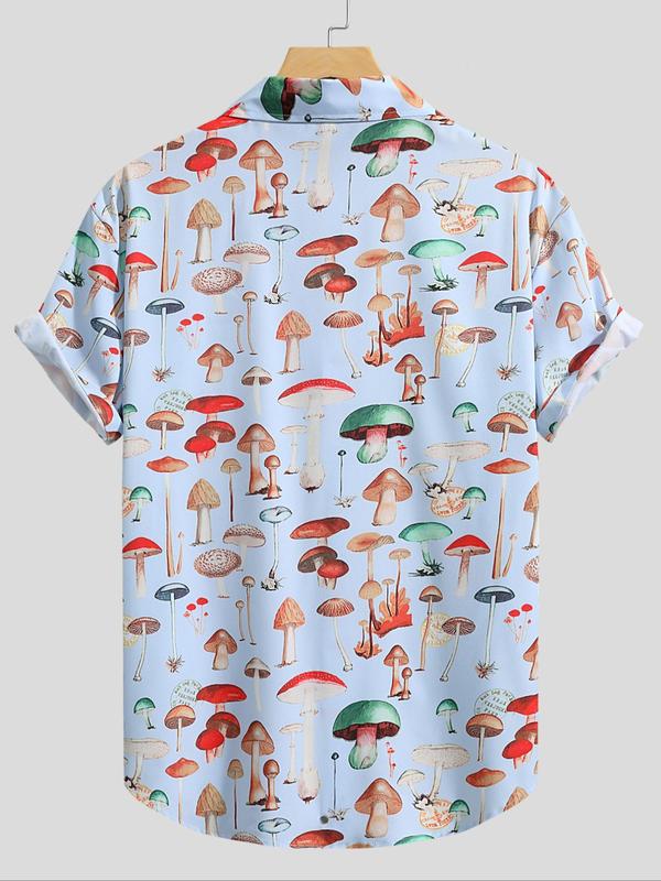 Men's All Over Mushroom Print Button Front Shirt, Casual Regular Fit Short Sleeve Collar Top for Summer,  Shirts for Men, Fashion Men's Streetwear for Daily Wear