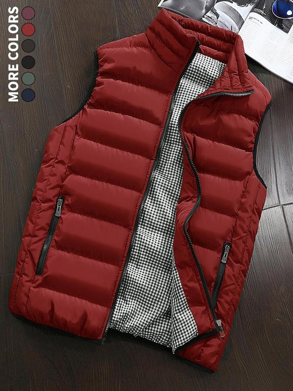 Men's Solid Zip Up Funnel Neck Puffer Vest Jacket, Regular Fit Casual Pocket Sleeveless Outerwear for Fall & Winter, Men's Clothes for Daily Wear