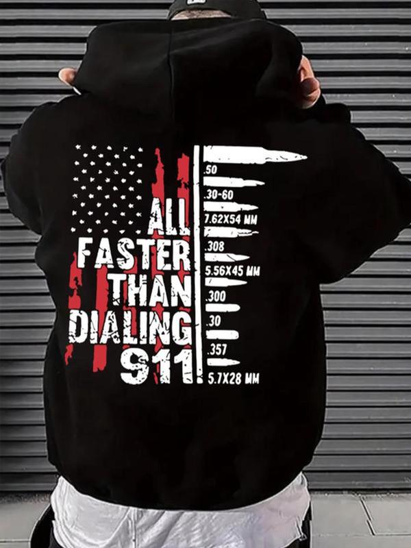 Men's Letter & Flag Print Drop Shoulder Hoodie, Fashion Casual Regular Fit Drawstring Kangaroo Pocket Hooded Sweatshirt for Daily Holiday Outdoor Wear, Men Clothes for Spring & Fall