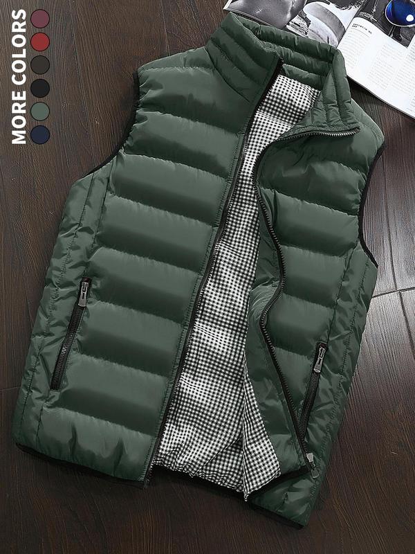 Men's Solid Zip Up Funnel Neck Puffer Vest Jacket, Regular Fit Casual Pocket Sleeveless Outerwear for Fall & Winter, Men's Clothes for Daily Wear