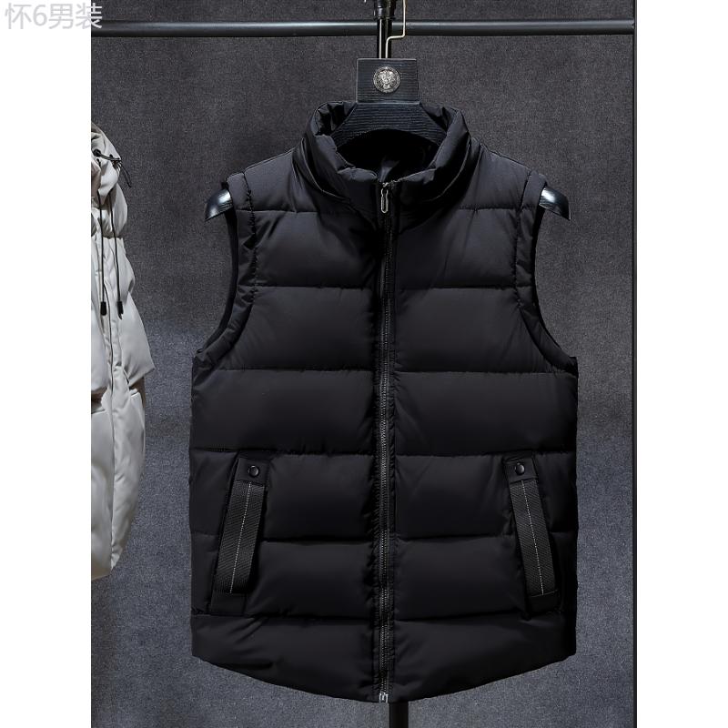 Classic Black Mid-Length Puffer Vest Jacket - Water-Resistant, Removable Hood, Adjustable Drawstring, Regular Fit, Sleeveless, 100% Polyester, Non-Stretch Solid Color Outerwear for Fall and Winter Seasons - Perfect for Casual Daily Wear Collar Menswear