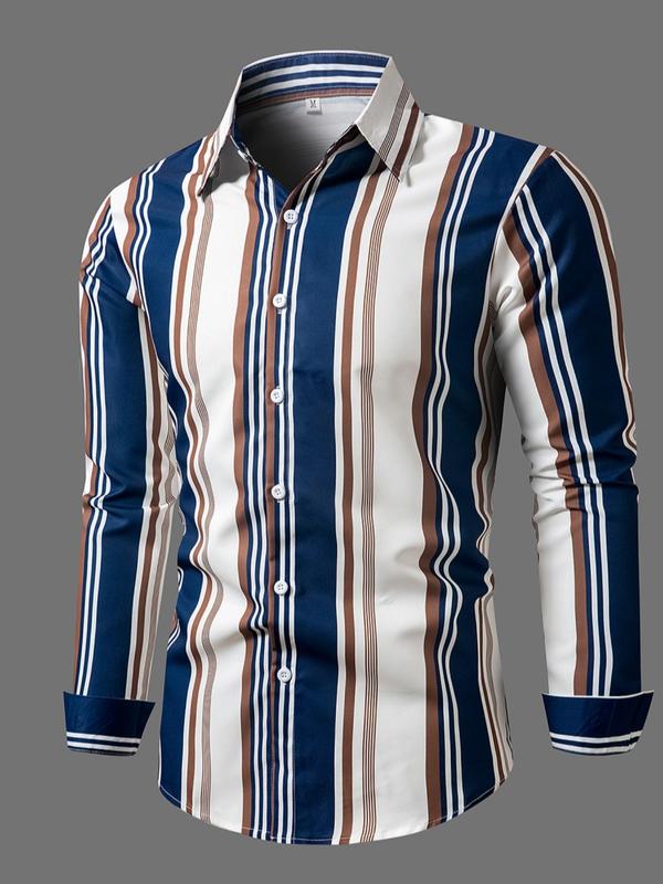 Men's Regular Fit Striped Print Button Front Shirt, Long Sleeve Collared Top for All Seasons, Men's Clothes for Work Office Business