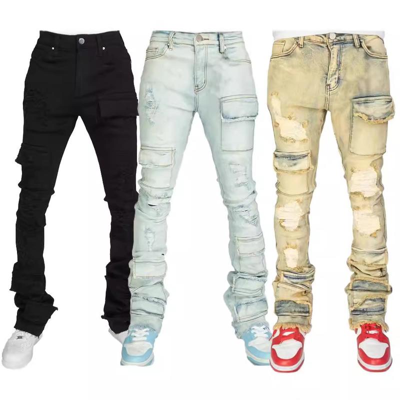 Stretch Fit Skinny Jeans for Men Stacked Ripped Destroyed Jeans Slim Fit Patch Y2K Denim Pants Slim Fit Trousers Streetwear Patch Jeans