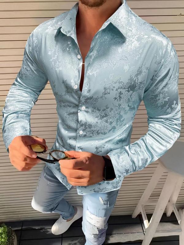 Men's Floral Jacquard Button Front Shirt, Casual Long Sleeve Collared Top for Business Daily Wear, Fashion Men's Clothes for All Seasons