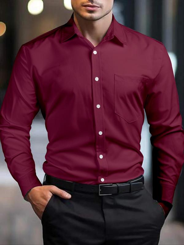 Men's Solid Long Sleeve Button Front Shirt, Slim Casual Pocket Collared Shirt for Work Office Business, Men's Top for All Seasons