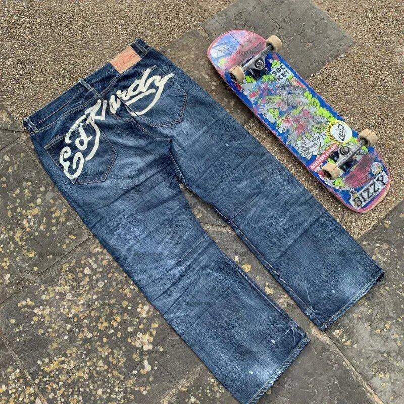 American Street Style Jeans Men's Y2K Printed Hip-hop Straight Retro Supper Loose Waist Wide-leg Jeans