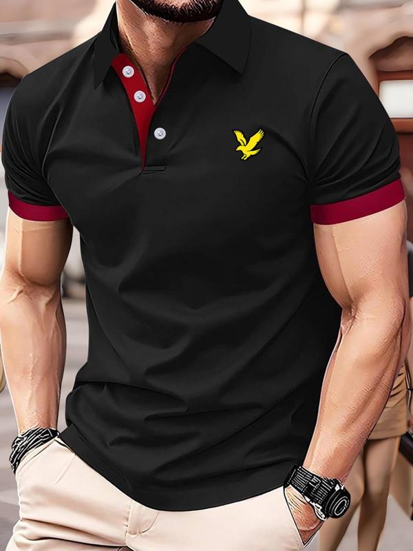 Men's Eagle Print Contrast Binding Polo Shirt, Casual Regular Fit Short Sleeve Button Front Top for Summer, Fashion Men's Clothes for Daily Wear