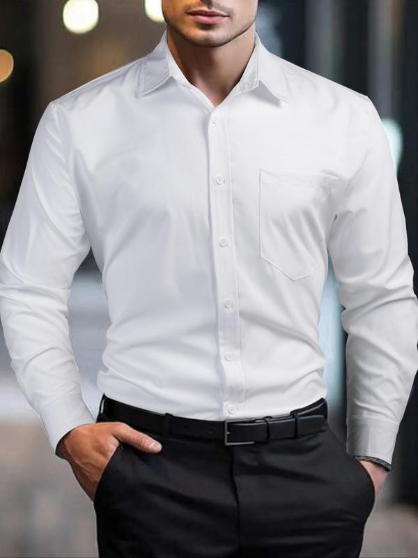 Men's Solid Long Sleeve Button Front Shirt, Slim Casual Pocket Collared Shirt for Work Office Business, Men's Top for All Seasons