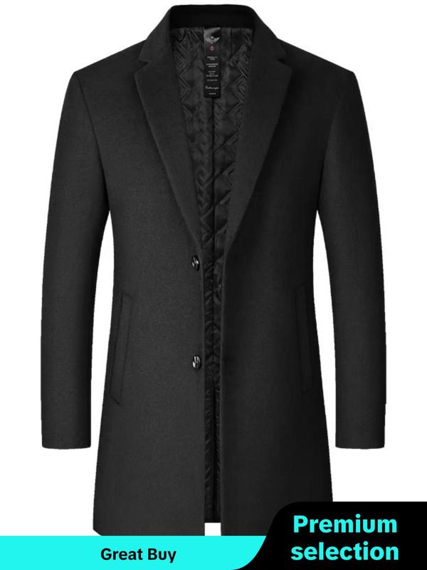 Men's Solid Button Front Lapel Neck Coat, Regular Fit Jackets, Casual Long Sleeve Pocket Outerwear for Fall & Winter, Men's Clothes for Daily Wear