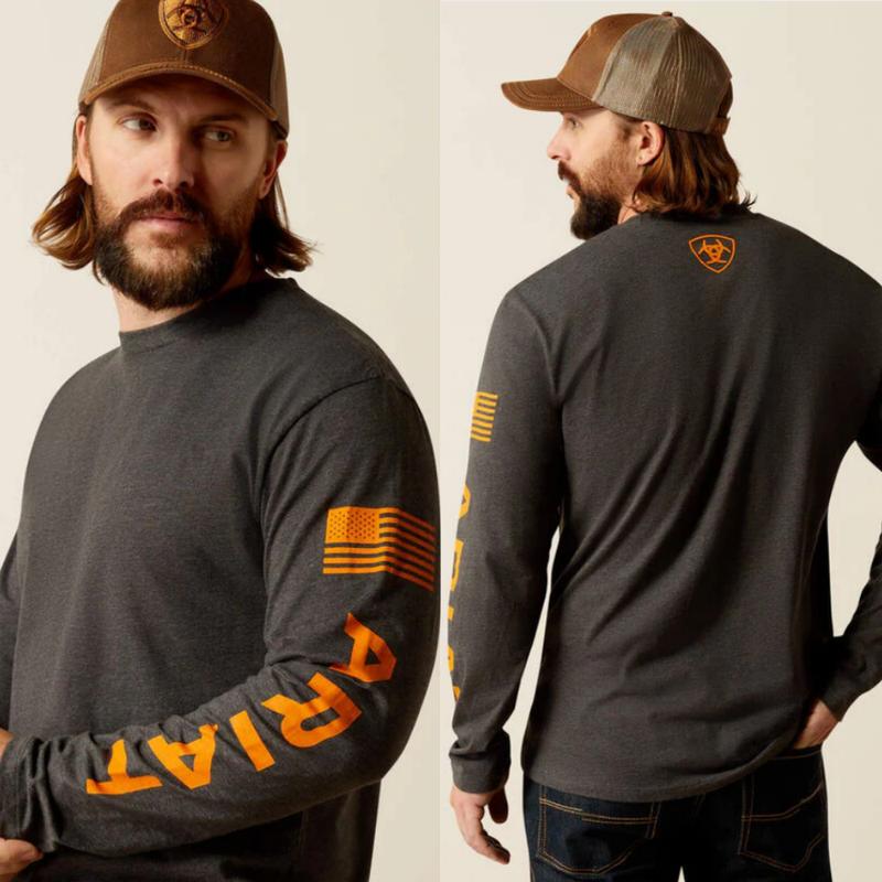 Ariat shirts Men's Ariat Elevated V2 Long sleeve T-Shirt, Charcoal Heather, western wear for men, men's clothing, men gifts, ariat shirts for men