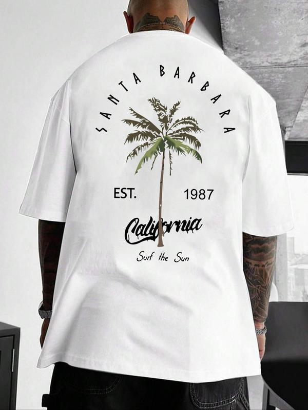 Men's Summer Clothes, Letter & Tree Print Drop Shoulder Tee, Summer Outfits 2024, Summer Tops, Back To School Outfits, Graphic Tees for Men, Regular Fit Streetwear Fashion Graphic Crew Neck T-shirt, 90s Clothes