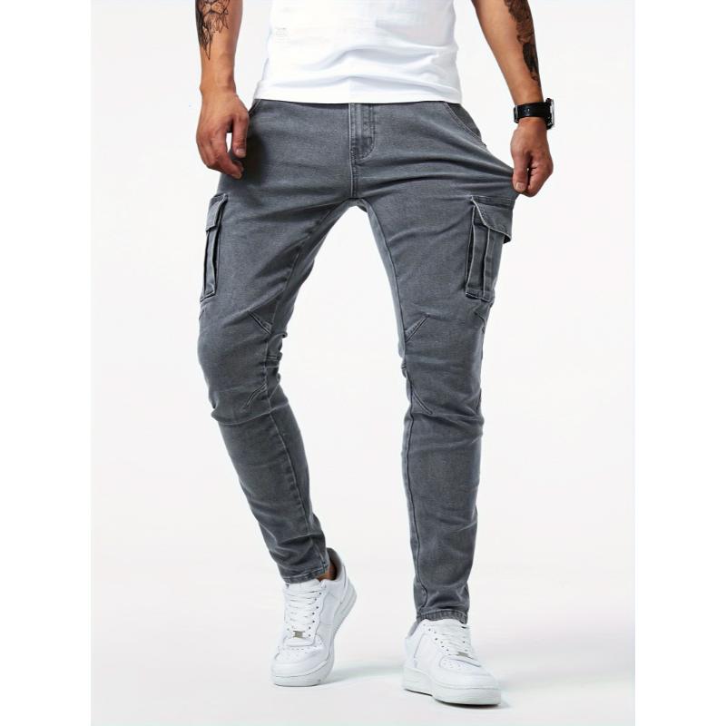 Men's Slim Fit Cargo Jeans with Multi Pockets, High Stretch Denim Pants for Spring Summer Menswear Trouser