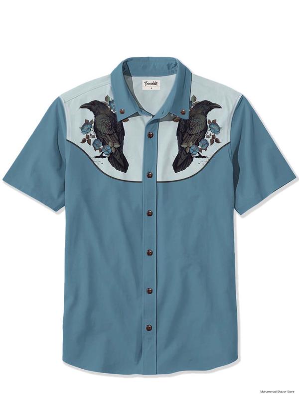 Flower Crow Casual Button Shirt All Over Printed Retro Western Style Gift Ideas