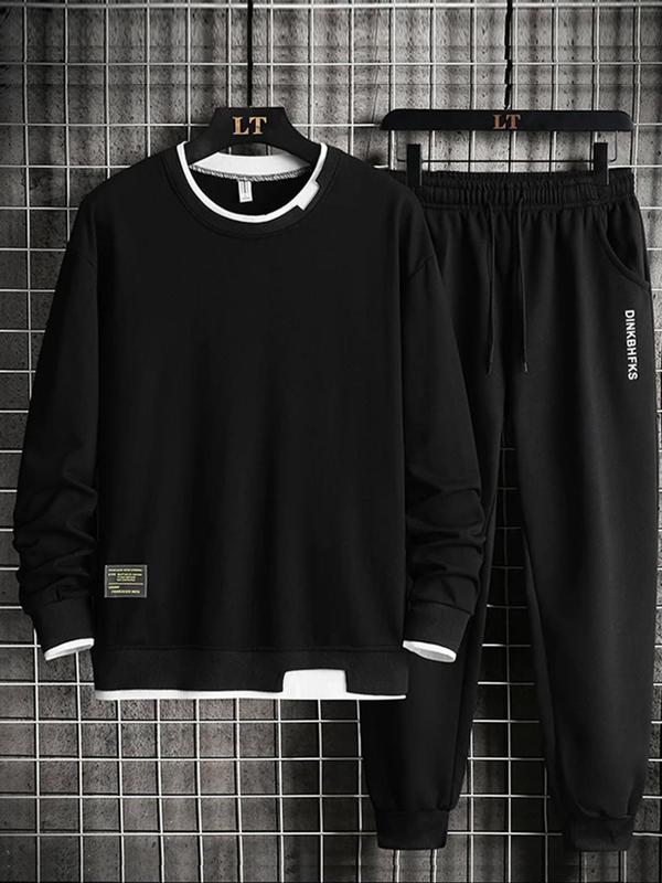 Two-Piece Set Men's Letter Patched Sweatshirt & Drawstring Waist Sweatpants, Regular Fit Casual Contrast Binding 2 IN 1 Long Sleeve Pullover & Pocket Jogger Pants, Men's Outfits for Spring & Fall