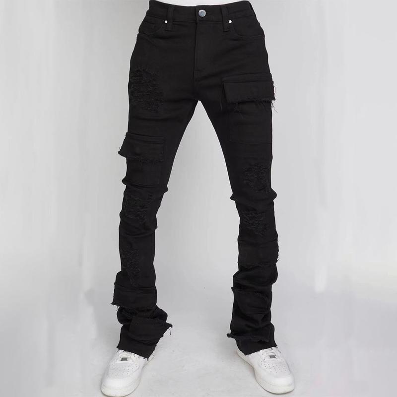 Stretch Fit Skinny Jeans for Men Stacked Ripped Destroyed Jeans Slim Fit Patch Y2K Denim Pants Slim Fit Trousers Streetwear Patch Jeans