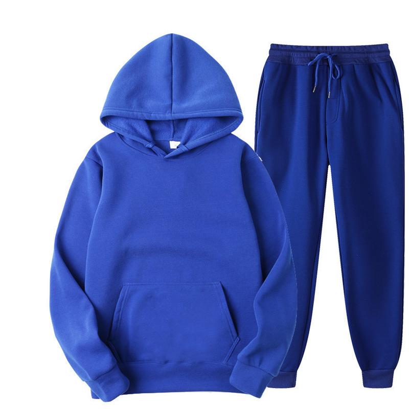 New Men's Hooded Solid Color Pullover Sweatshirt Suit Casual Sports Hoodie Sweater Trousers Two-Piece Set