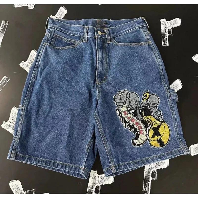 American retro summer denim shorts summer Y2K personalized letter printed shorts hip-hop goth high street loose casual shorts-DJL SHOP