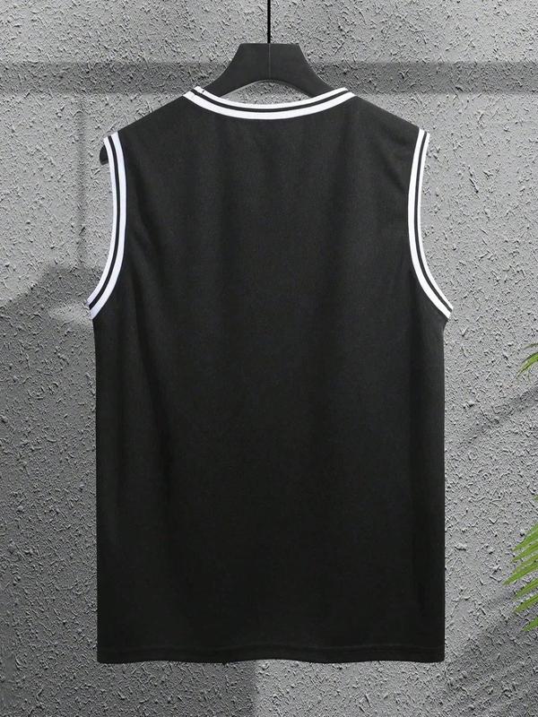 Men's Letter & Number Print Contrast Binding Tank Top, Regular Fit Casual Sleeveless Round Neck Vest for Summer, Men's Top for Daily Wear