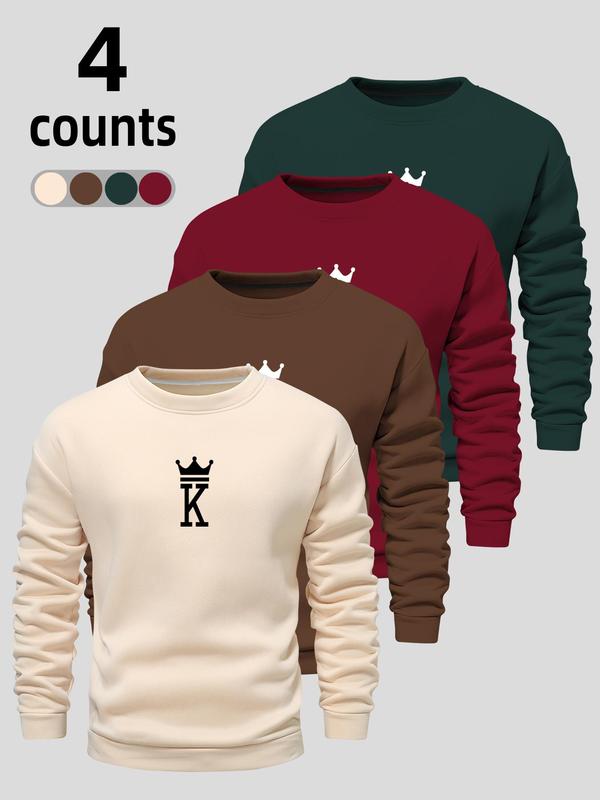 Men's Letter & Crown Print Round Neck Sweatshirt, Loose Casual Fashion Long Sleeve Pullover for Fall & Winter, Men's Clothes for Daily Wear