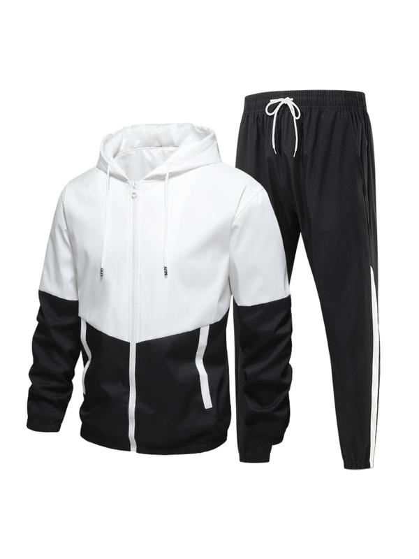 Men's Colorblock Zip Up Hoodie & Drawstring Waist Sweatpants Two-piece Set, Regular Fit Casual Long Sleeve Hooded Sweatshirt & Pocket Jogger Pants, Men's Two-piece Outfits for All Seasons