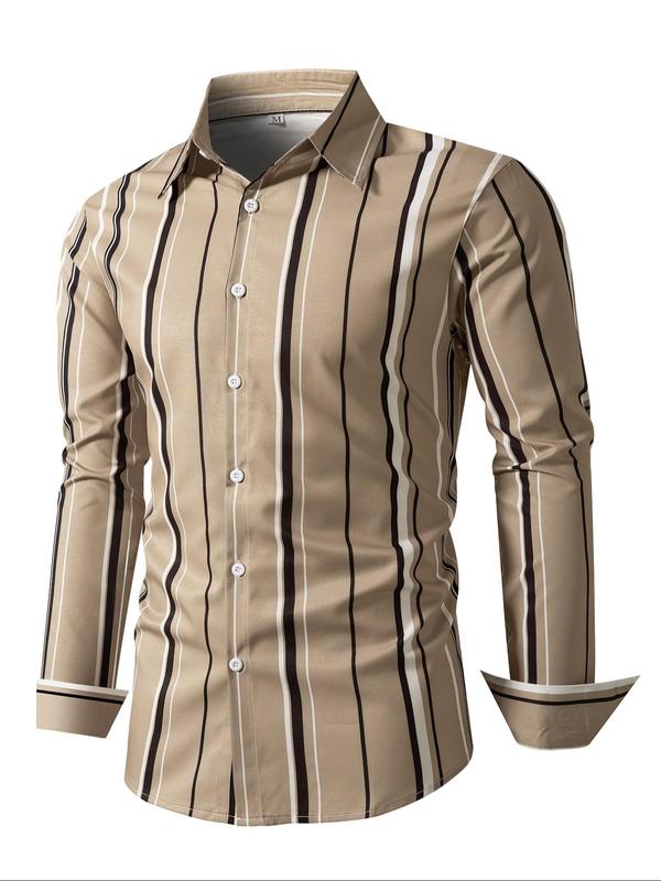 Men's Regular Fit Striped Print Button Front Shirt, Long Sleeve Collared Top for All Seasons, Men's Clothes for Work Office Business