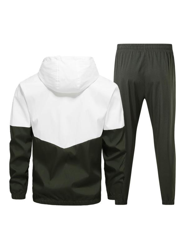 Men's Colorblock Zip Up Hoodie & Drawstring Waist Sweatpants Two-piece Set, Regular Fit Casual Long Sleeve Hooded Sweatshirt & Pocket Jogger Pants, Men's Two-piece Outfits for All Seasons