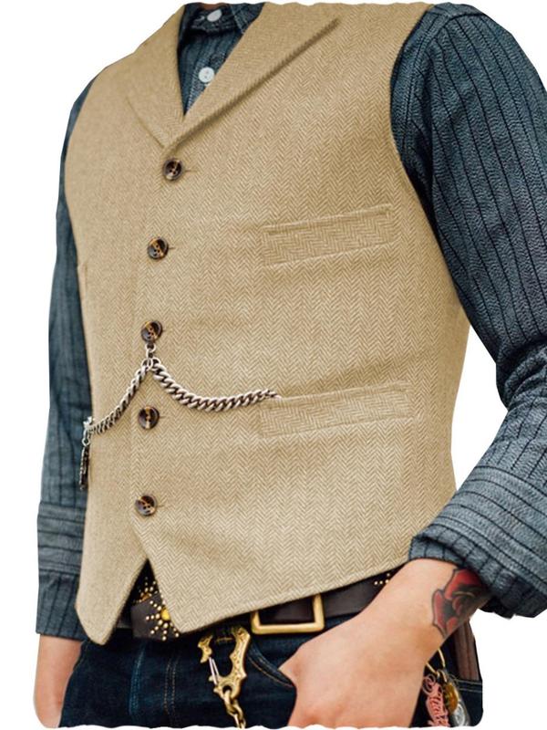 Men's Solid Button Front Lapel Vest, Slim Business Formal Suit Vest for Work Office, Men's Clothing for Spring & Fall