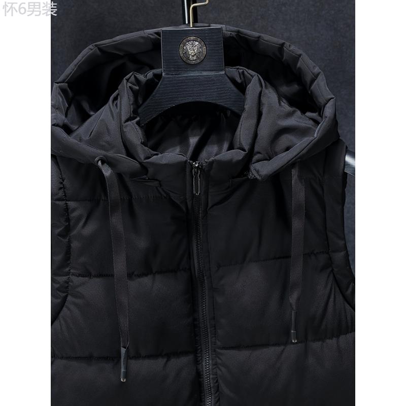 Classic Black Mid-Length Puffer Vest Jacket - Water-Resistant, Removable Hood, Adjustable Drawstring, Regular Fit, Sleeveless, 100% Polyester, Non-Stretch Solid Color Outerwear for Fall and Winter Seasons - Perfect for Casual Daily Wear Collar Menswear