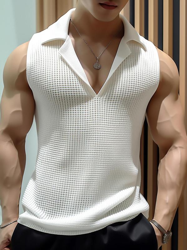 Men's Solid Hollow Out Mesh Tank Top, Regular Fit Casual Collared Sleeveless Top, Men's Summer Clothes for Daily Wear