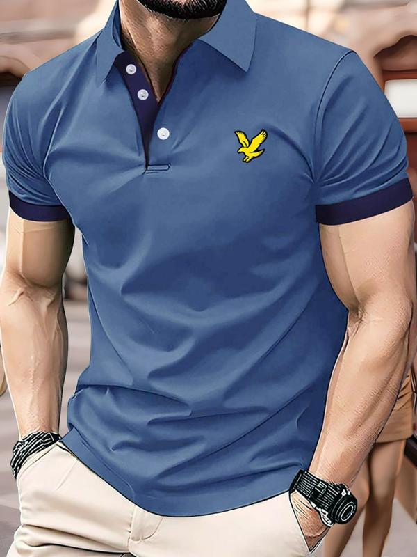 Men's Eagle Print Contrast Binding Polo Shirt, Casual Regular Fit Short Sleeve Button Front Top for Summer, Fashion Men's Clothes for Daily Wear