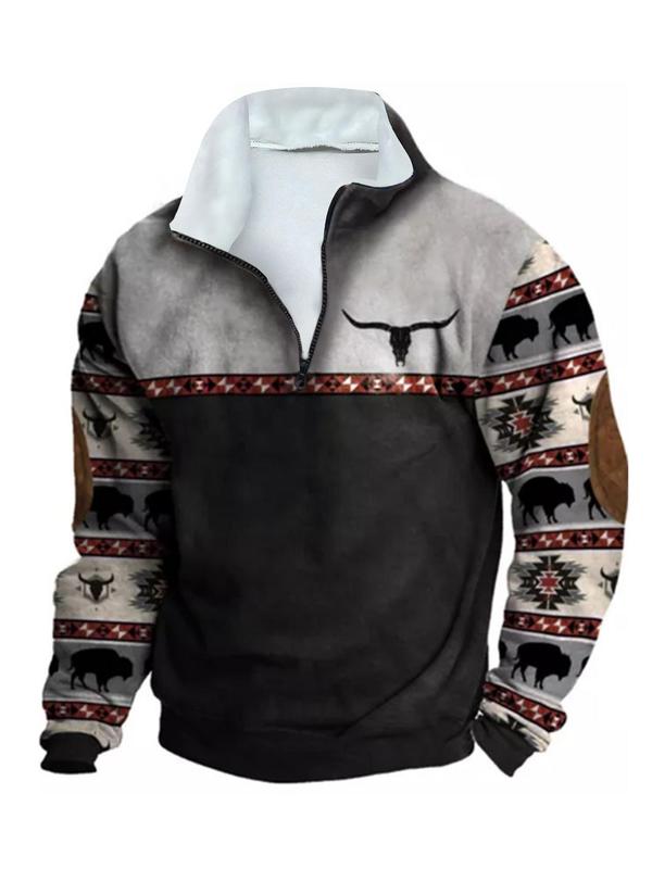 Men's Ethnic Pattern Zip Up Fleece Hoodie, Casual Regular Fit Long Sleeve Drop Shoulder Sweatshirt for Fall & Winter, Men's Top for Daily Wear