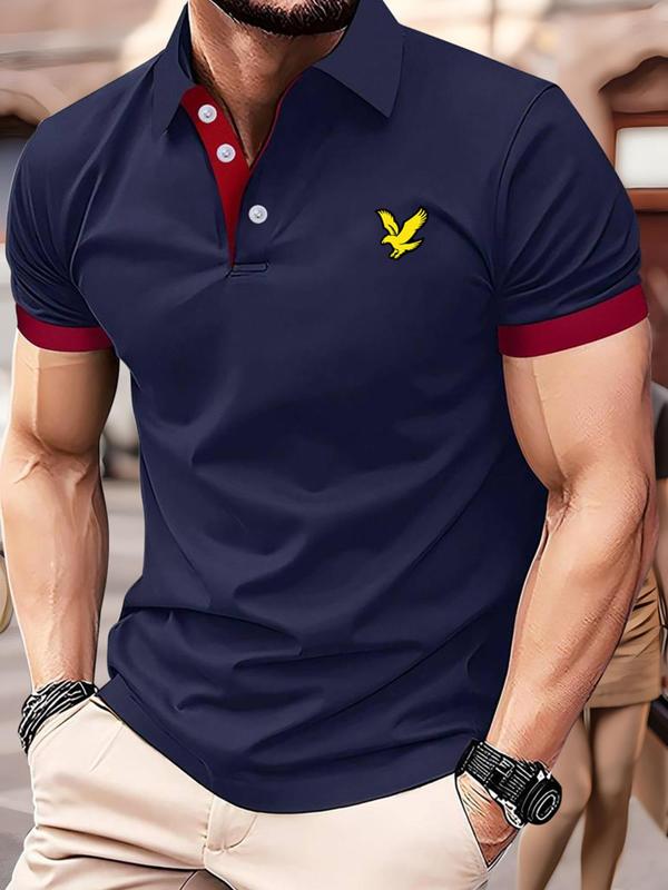 Men's Eagle Print Contrast Binding Polo Shirt, Casual Regular Fit Short Sleeve Button Front Top for Summer, Fashion Men's Clothes for Daily Wear