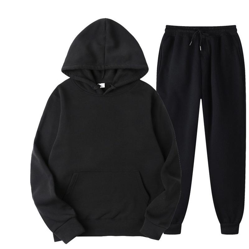 New Men's Hooded Solid Color Pullover Sweatshirt Suit Casual Sports Hoodie Sweater Trousers Two-Piece Set