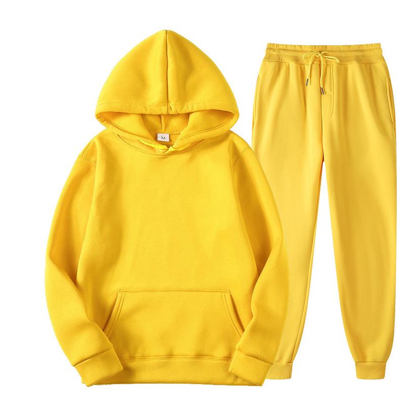 New Men's Hooded Solid Color Pullover Sweatshirt Suit Casual Sports Hoodie Sweater Trousers Two-Piece Set