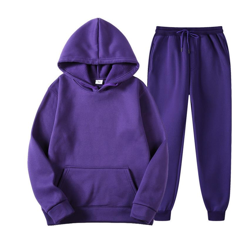 New Men's Hooded Solid Color Pullover Sweatshirt Suit Casual Sports Hoodie Sweater Trousers Two-Piece Set