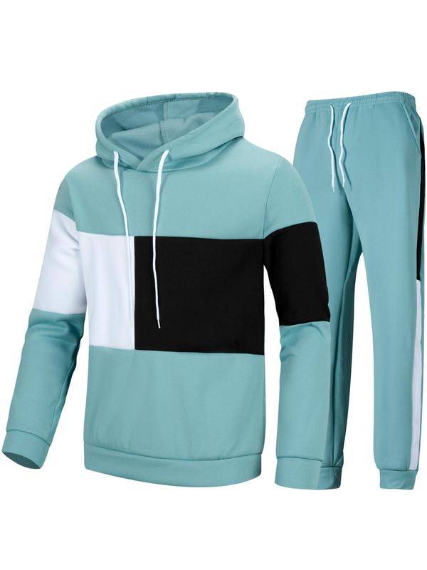 Men's Colorblock Pocket Side Stripe Two-Piece Set, Regular Fit Casual Long Sleeve Hooded Top & Drawstring Jogger Pants, Men's Outfits for Daily Wear