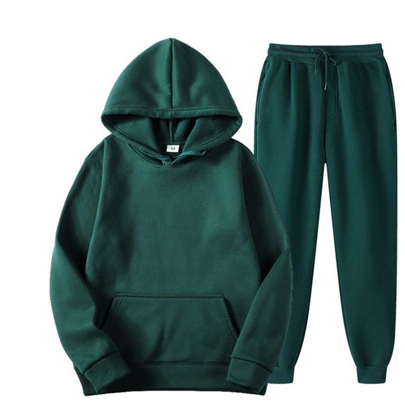 New Men's Hooded Solid Color Pullover Sweatshirt Suit Casual Sports Hoodie Sweater Trousers Two-Piece Set