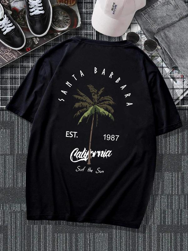 Men's Summer Clothes, Letter & Tree Print Drop Shoulder Tee, Summer Outfits 2024, Summer Tops, Back To School Outfits, Graphic Tees for Men, Regular Fit Streetwear Fashion Graphic Crew Neck T-shirt, 90s Clothes