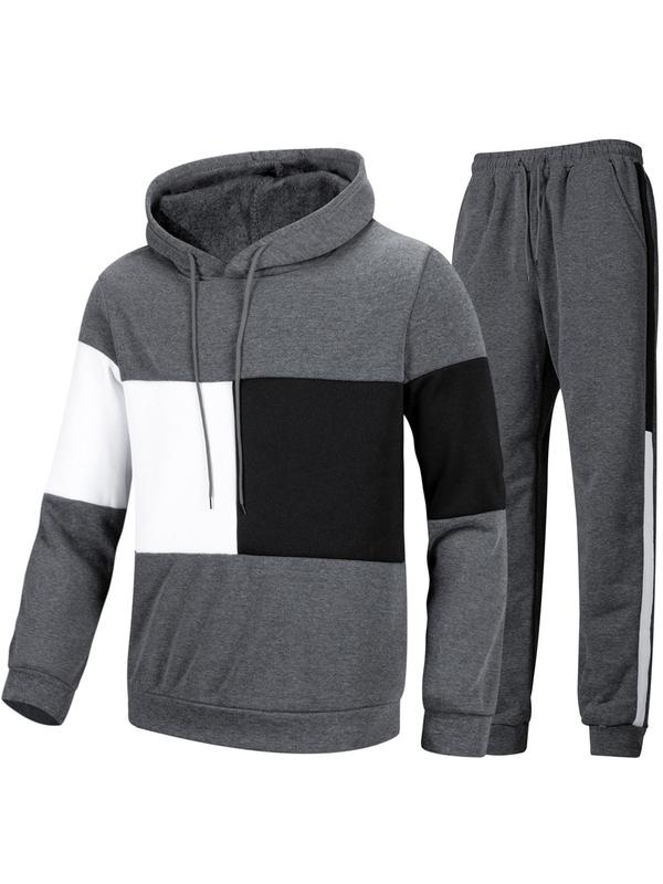 Men's Colorblock Pocket Side Stripe Two-Piece Set, Regular Fit Casual Long Sleeve Hooded Top & Drawstring Jogger Pants, Men's Outfits for Daily Wear