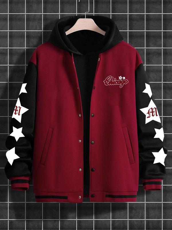 Men's Letter & Star Print Drop Shoulder Varsity Jacket, Regular Fit Casual Long Sleeve Baseball Collar Outerwear for Fall & Winter, Men's Clothes for Daily Wear