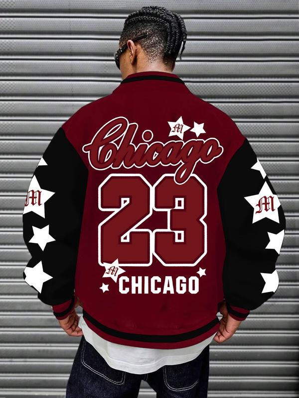 Men's Letter & Star Print Drop Shoulder Varsity Jacket, Regular Fit Casual Long Sleeve Baseball Collar Outerwear for Fall & Winter, Men's Clothes for Daily Wear