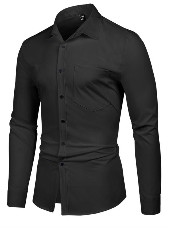 Men's Solid Long Sleeve Button Front Shirt, Slim Casual Pocket Collared Shirt for Work Office Business, Men's Top for All Seasons